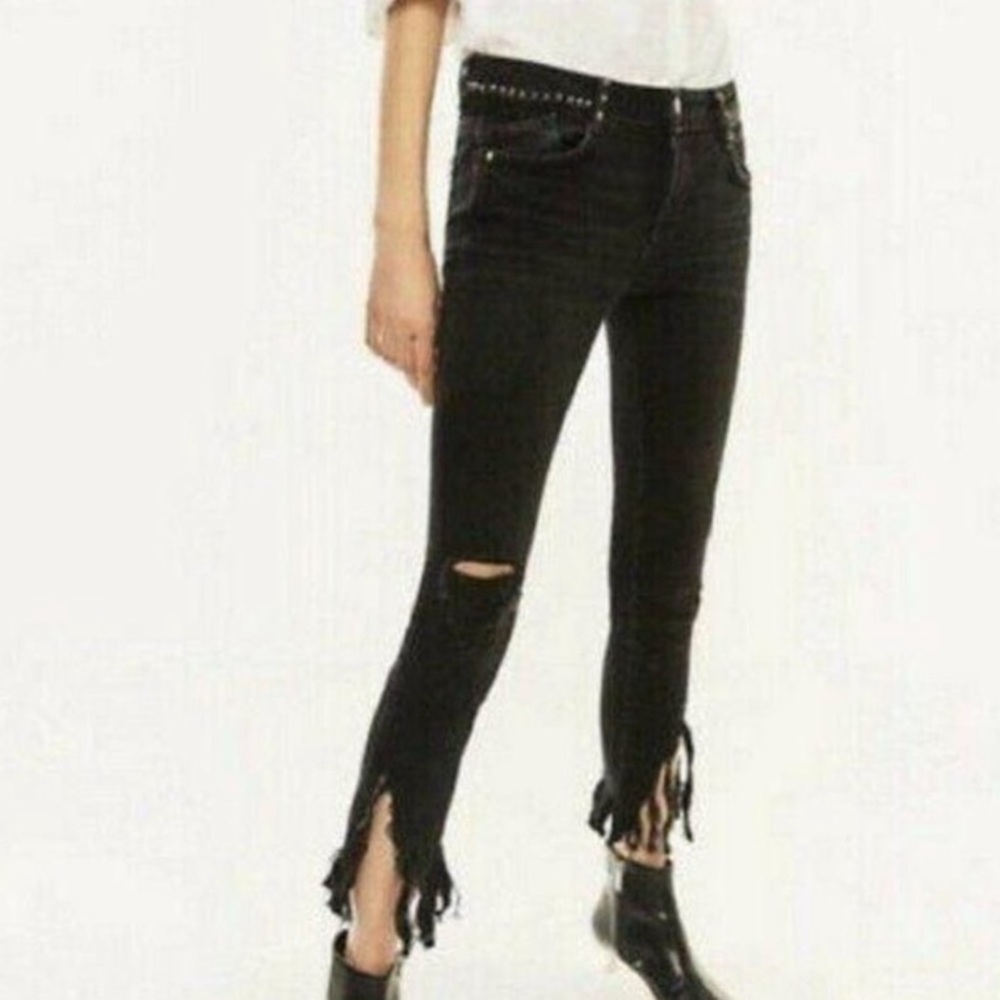 Zara trafaluc black studded & frayed distressed denim, chewed hems, black denim